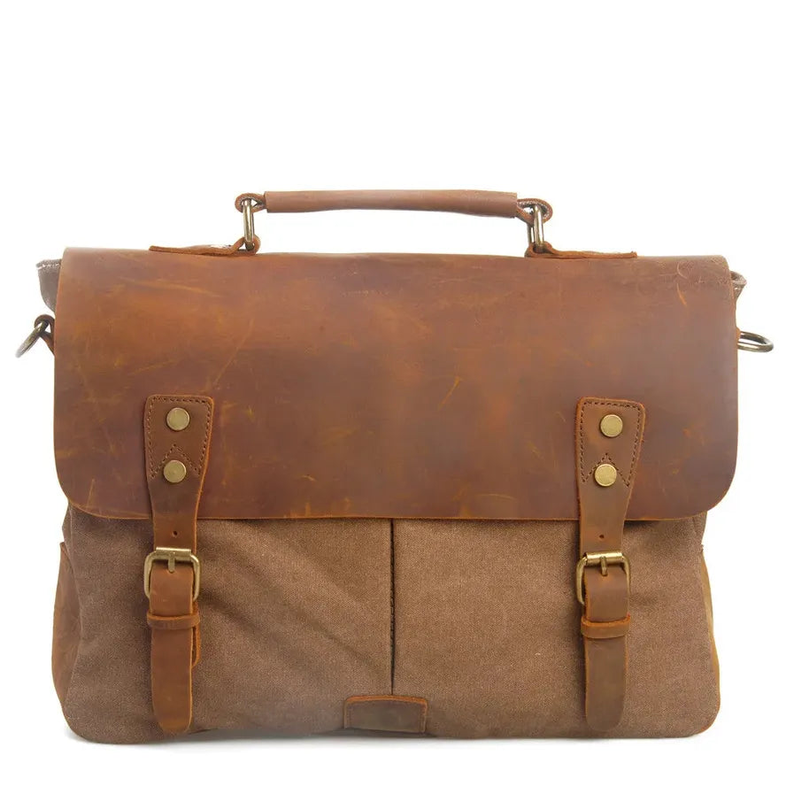 HKM-316691 Retro Canvas Cowhide Crossbody Messenger Bag for Business and Travel with Laptop Compartment