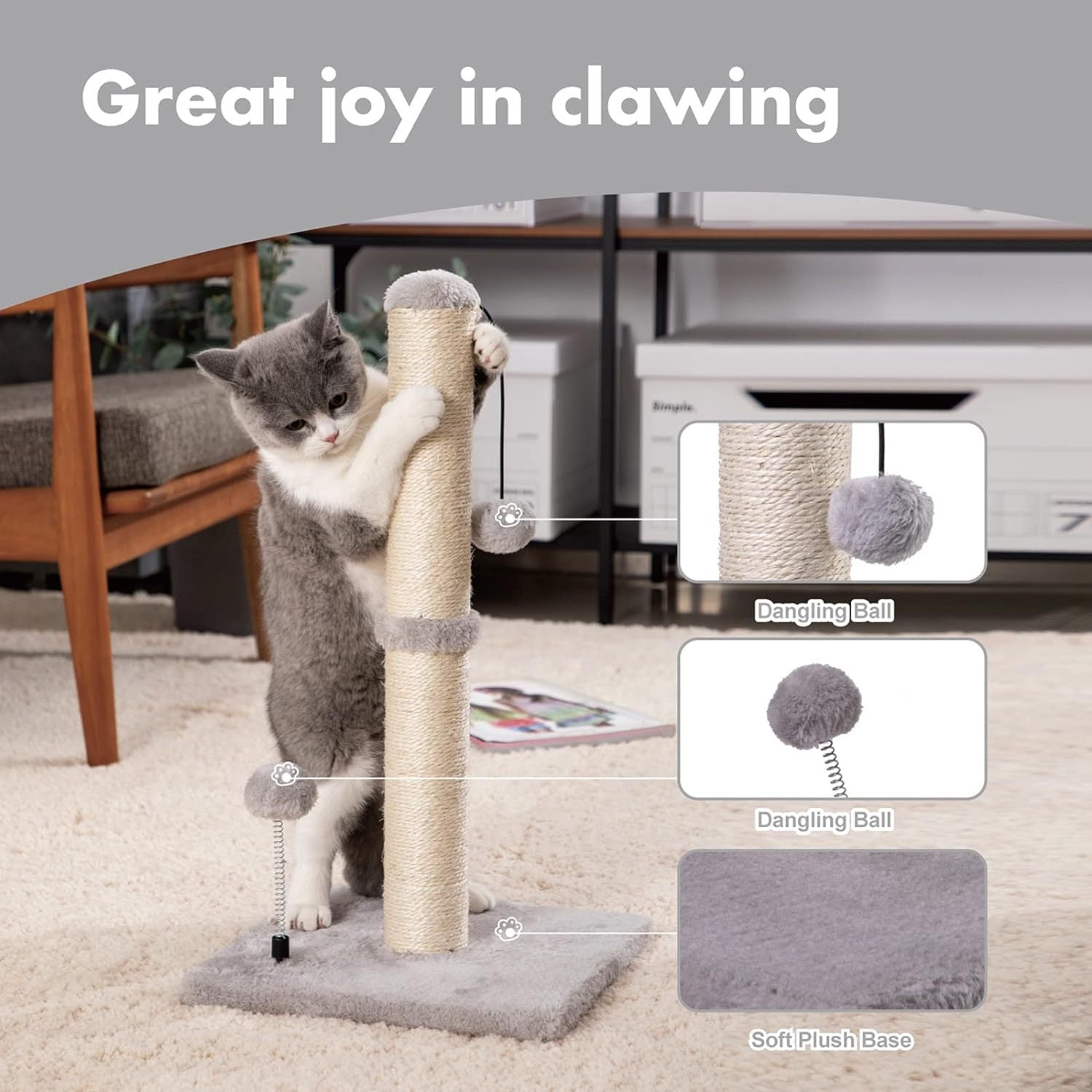 HKM-842067 Premium Sisal Cat Scratching Post with Hanging Ball for Kittens and Small Cats