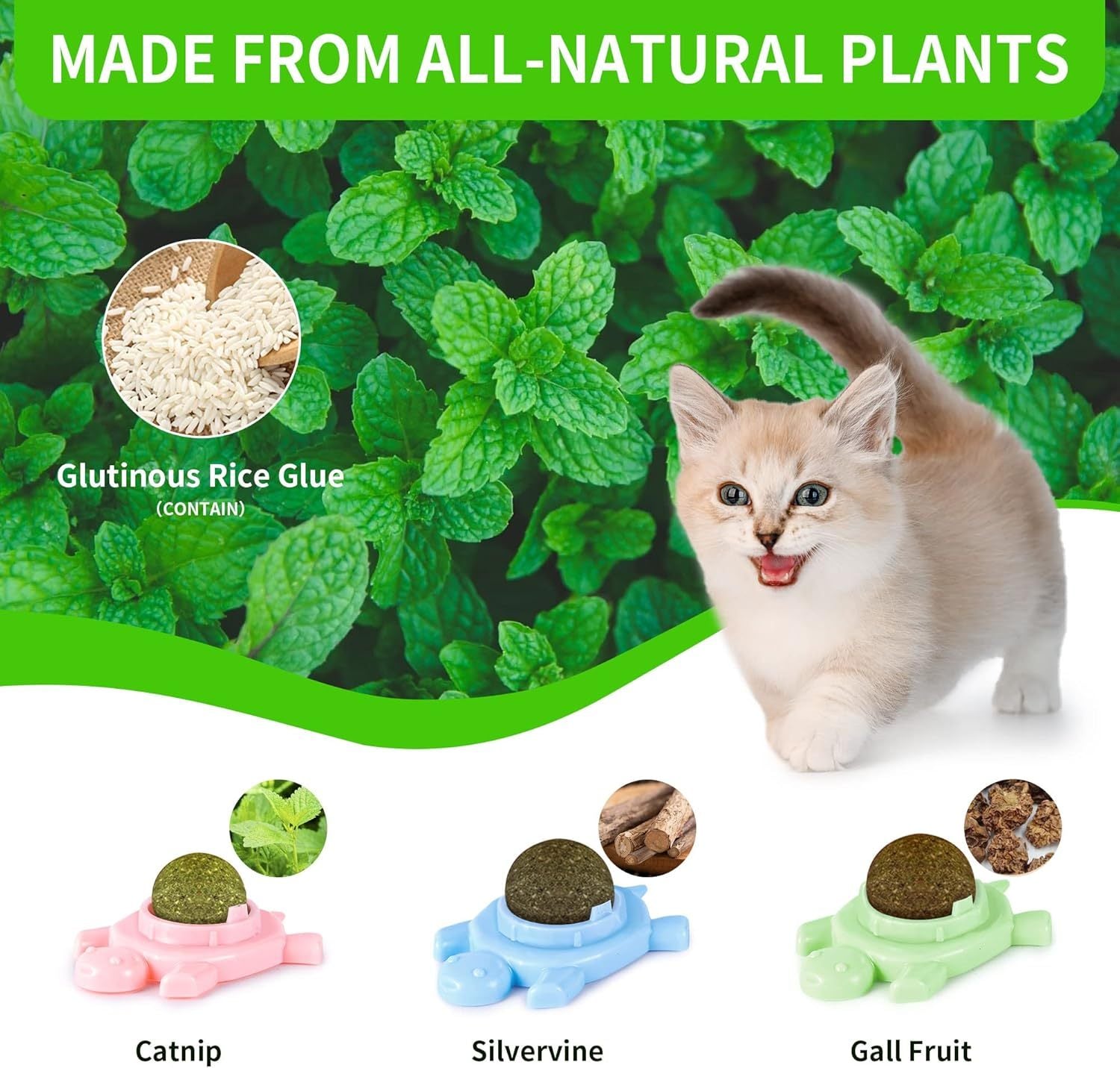 HKM-808147 Organic Silvervine Catnip Ball for Indoor Cats - Edible Cat Toy, 360-Degree Rotating Mint Flavor, Non-Damaging Wall Adhesive