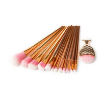HKM-755987 Mermaid and Diamond Makeup Brush Set with 12 Nylon Brushes in Rose Gold and Colorful Designs