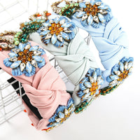 HKM-509011 Floral Diamond-Studded Fabric Headband for Women - Green, Blue, Pink, 5.5cm Wide