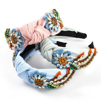 HKM-509011 Floral Diamond-Studded Fabric Headband for Women - Green, Blue, Pink, 5.5cm Wide