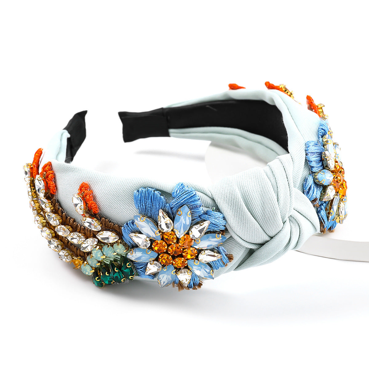 HKM-509011 Floral Diamond-Studded Fabric Headband for Women - Green, Blue, Pink, 5.5cm Wide
