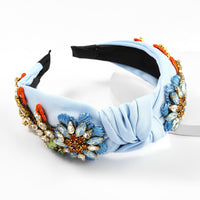 HKM-509011 Floral Diamond-Studded Fabric Headband for Women - Green, Blue, Pink, 5.5cm Wide