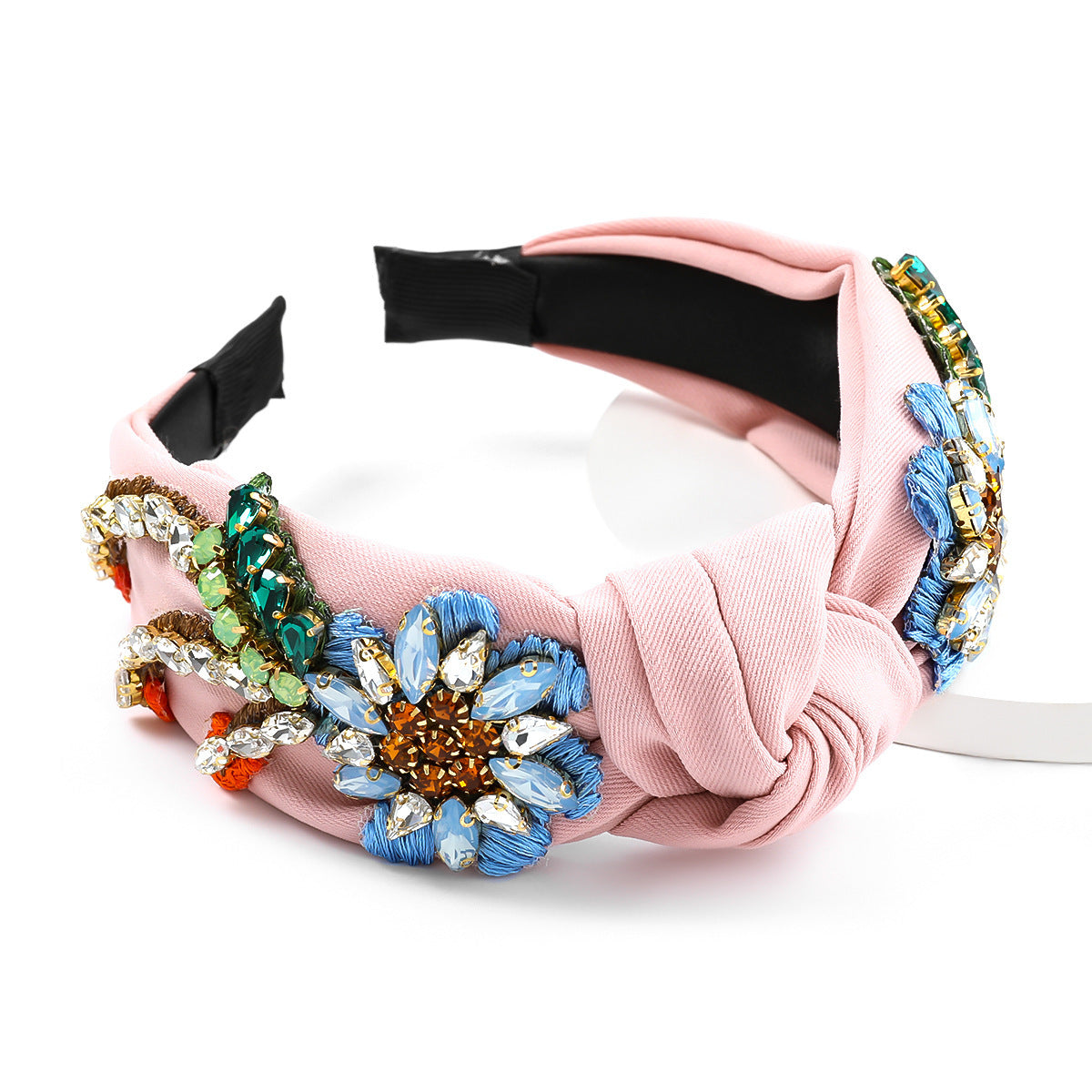 HKM-509011 Floral Diamond-Studded Fabric Headband for Women - Green, Blue, Pink, 5.5cm Wide