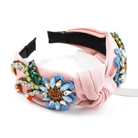 HKM-509011 Floral Diamond-Studded Fabric Headband for Women - Green, Blue, Pink, 5.5cm Wide