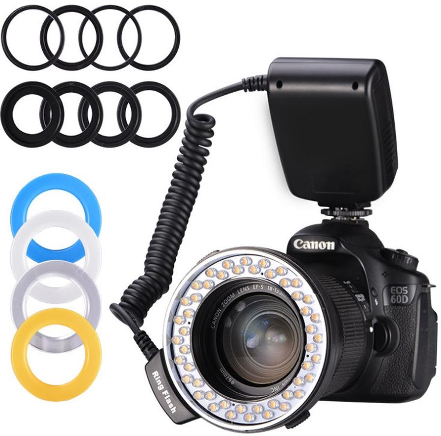 KTX-217043 Ring Flash with LCD Display for Macro Photography - Adjustable Brightness, 8 Adapter Rings, 4 Color Diffusers