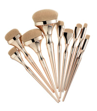HKM-770643 Golden Makeup Brush Set - 9 Nylon Brushes with Long Plastic Handles, 17.5CM Total Length