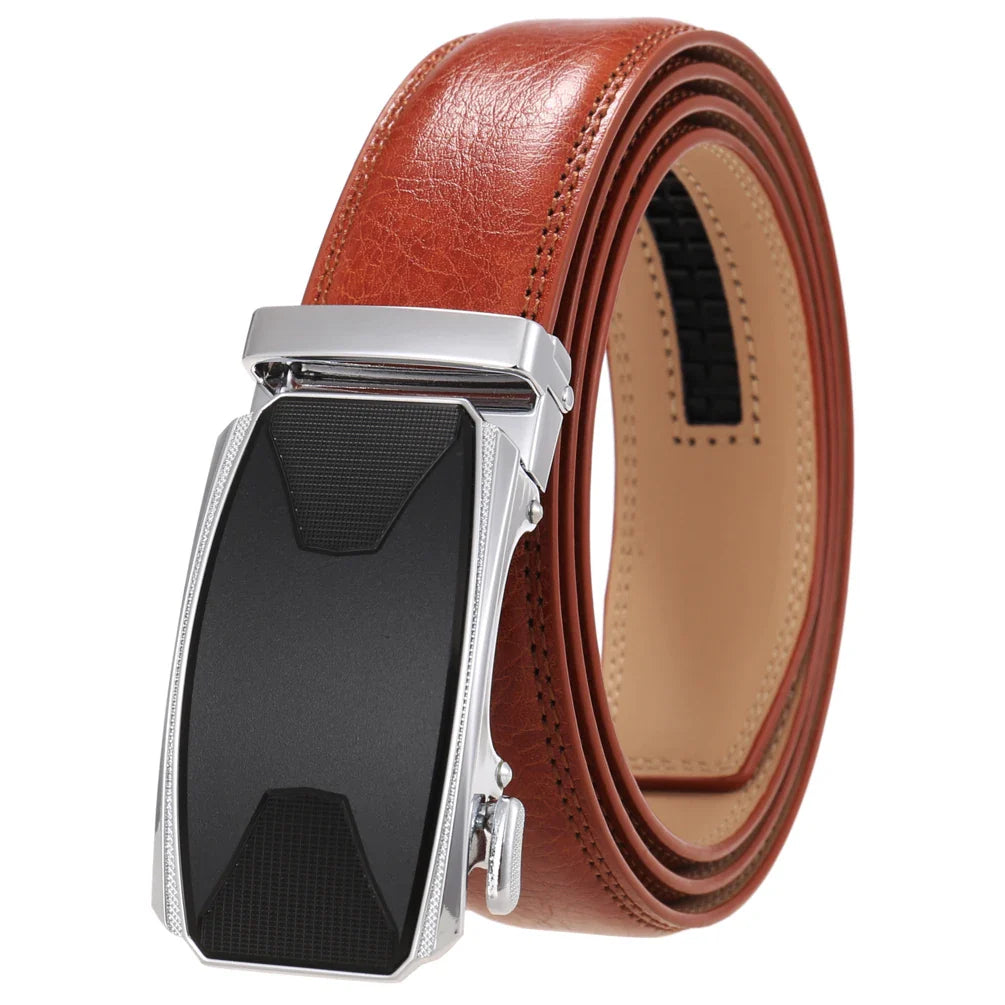 HKM-086611 Automatic Buckle Leather Belt with Simple Alloy Buckle for Men