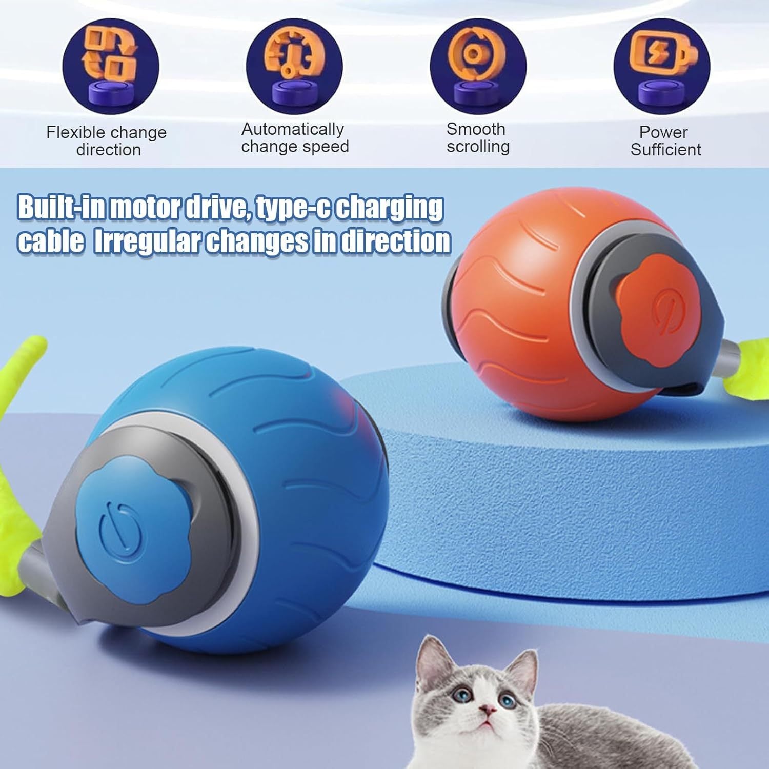 HKM-690259 Interactive Cat Ball Toy with Dual Speed Adjustment & USB Rechargeable Battery for Indoor Play