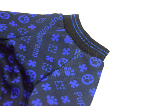 HKM-489235 Trendy Dog Clothes with Full Print Design in Blue and Red, Casual Two-Legged Outfit for Dogs in Various Sizes