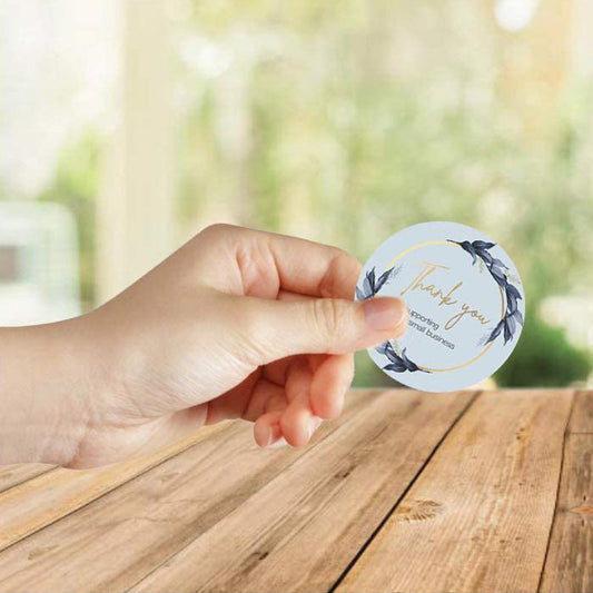 KTX-088211 Thank You Stickers - 500 pcs Blue Flower Bunch Decorative Round Labels for Gift Wrapping and Shipping