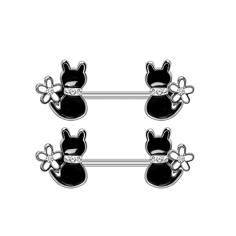 HKM-978963 Cat-Inspired Stainless Steel Nipple Ornaments with Smooth Black Leaves and Diamond Accents