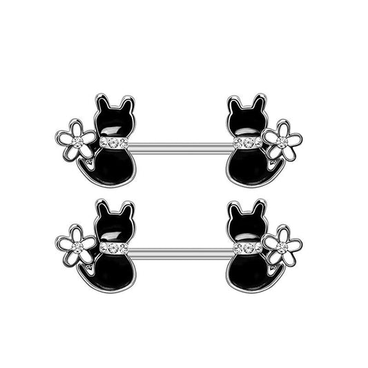 HKM-978963 Cat-Inspired Stainless Steel Nipple Ornaments with Smooth Black Leaves and Diamond Accents