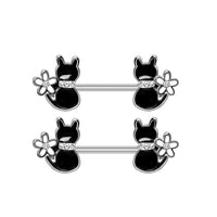 HKM-978963 Cat-Inspired Stainless Steel Nipple Ornaments with Smooth Black Leaves and Diamond Accents