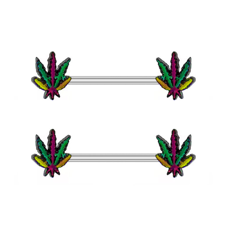 HKM-978963 Cat-Inspired Stainless Steel Nipple Ornaments with Smooth Black Leaves and Diamond Accents