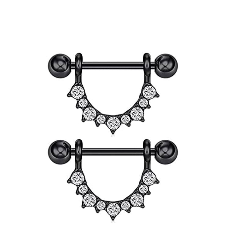 HKM-978963 Cat-Inspired Stainless Steel Nipple Ornaments with Smooth Black Leaves and Diamond Accents