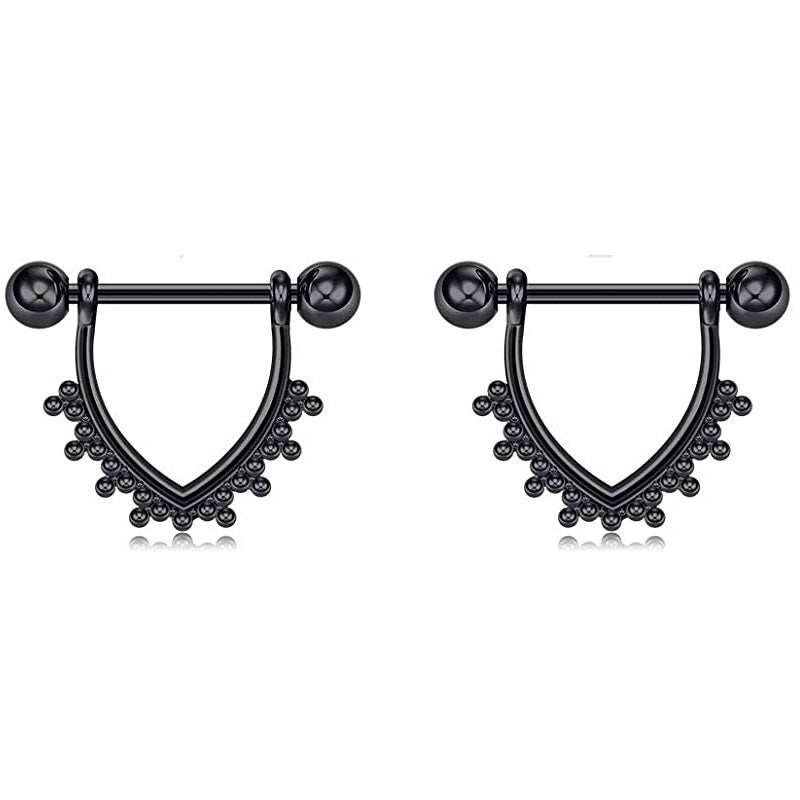 HKM-978963 Cat-Inspired Stainless Steel Nipple Ornaments with Smooth Black Leaves and Diamond Accents
