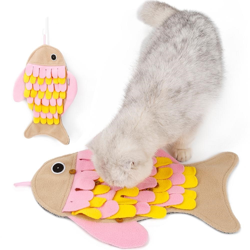 JMT-247754 Fish-Shaped Sniffing Mat for Cats - Interactive Training Toy in Pink, 36x26CM Polar Fleece