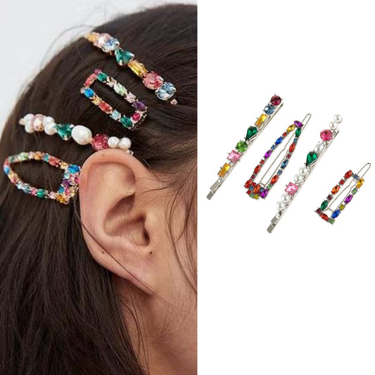 HKM-027539 Alloy Geometric Hair Clip Set - 4-Piece with Pearl Accents in Gold and Silver