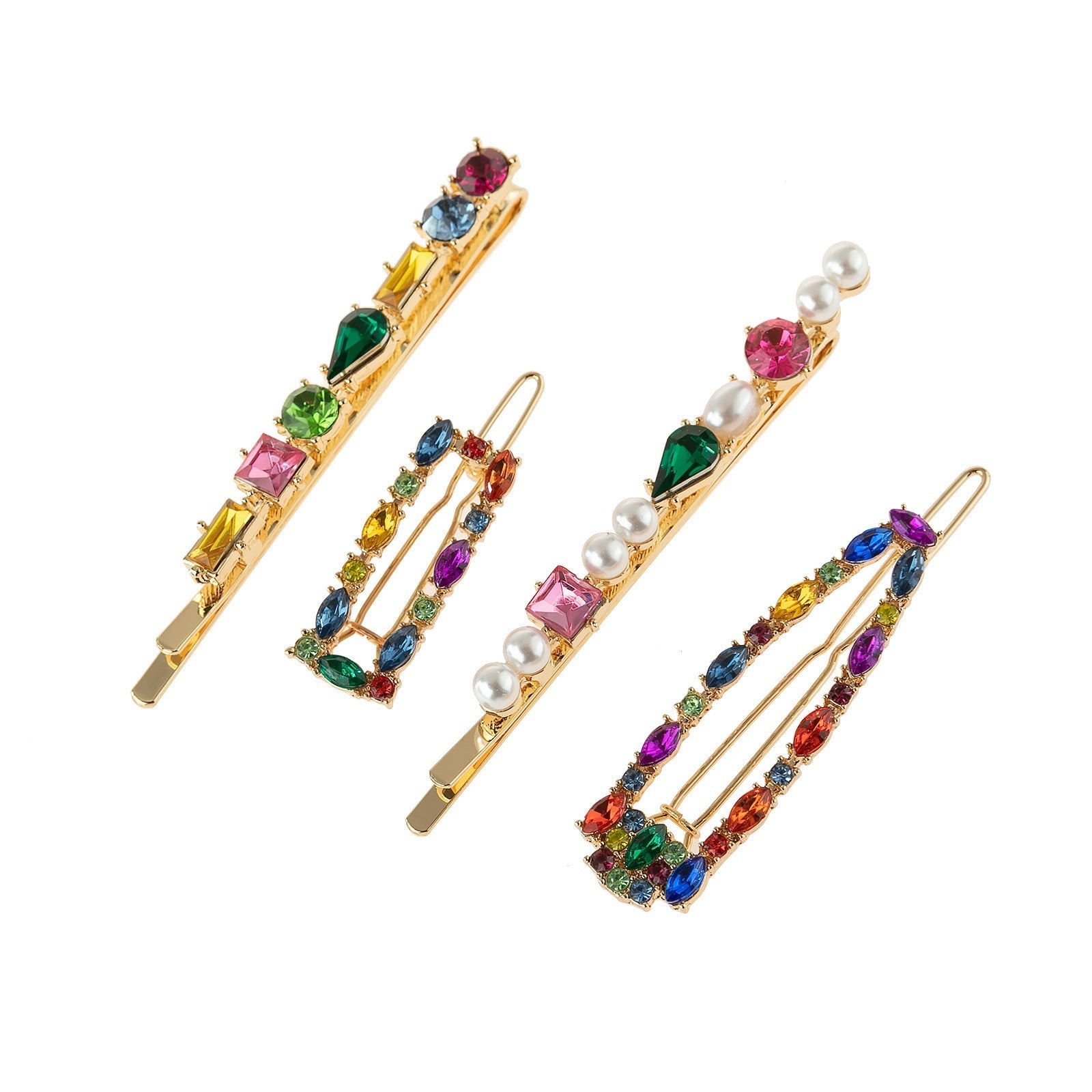 HKM-027539 Alloy Geometric Hair Clip Set - 4-Piece with Pearl Accents in Gold and Silver