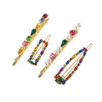 HKM-027539 Alloy Geometric Hair Clip Set - 4-Piece with Pearl Accents in Gold and Silver