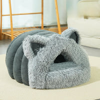 HKM-692371 Plush Cat and Dog Bed with Cat Ears, Thick Warm Design for Kittens and Puppies