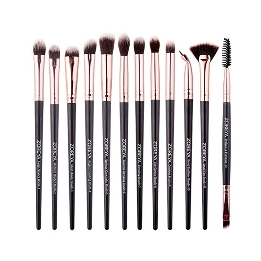 HKM-092563 12-Piece Makeup Brush Set with Wooden Handles for Concealer and Eyeshadow Application