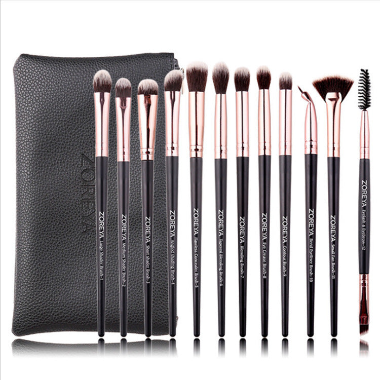 HKM-092563 12-Piece Makeup Brush Set with Wooden Handles for Concealer and Eyeshadow Application
