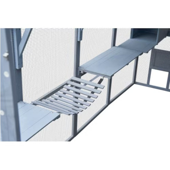 HKM-333395 Spacious Outdoor Cat House Playpen with Weatherproof Cover and Walkways, 110" Grey & White