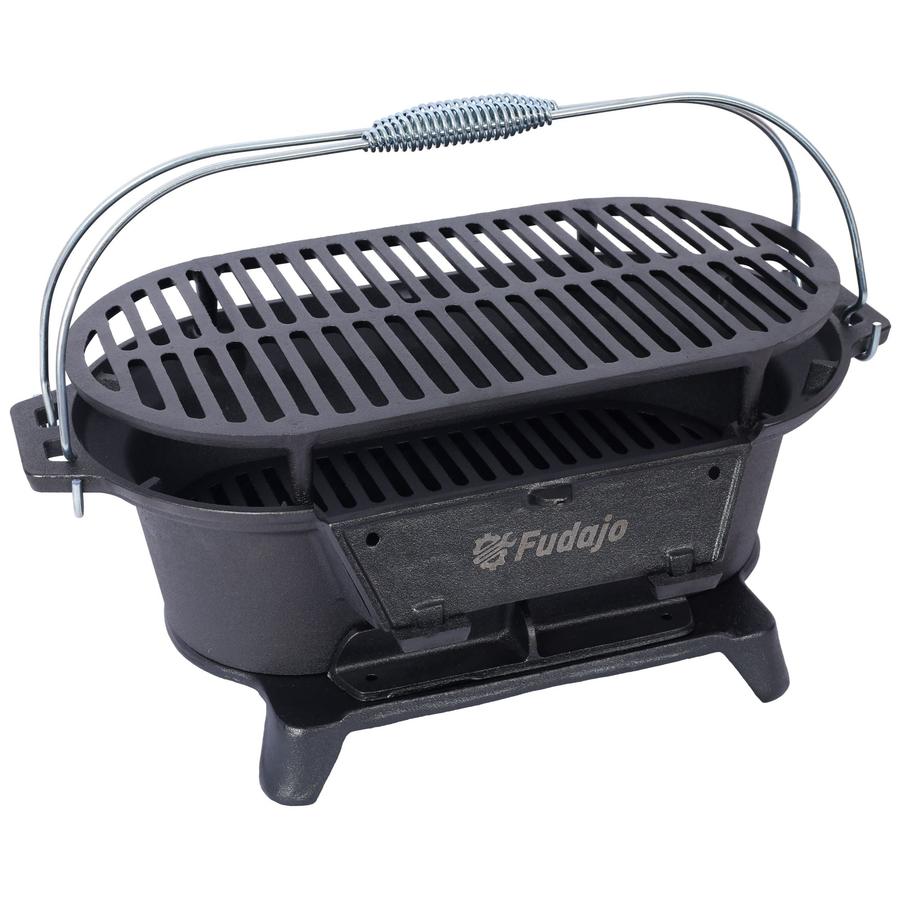 HKM-074579 Portable Oval Cast Iron Charcoal Grill with Frying Pan Insert for Outdoor Cooking