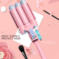 HKM-503315 Three-Tube Tourmaline Ceramic Curling Iron for Wet and Dry Hair - 21mm-30mm Diameter, Pink
