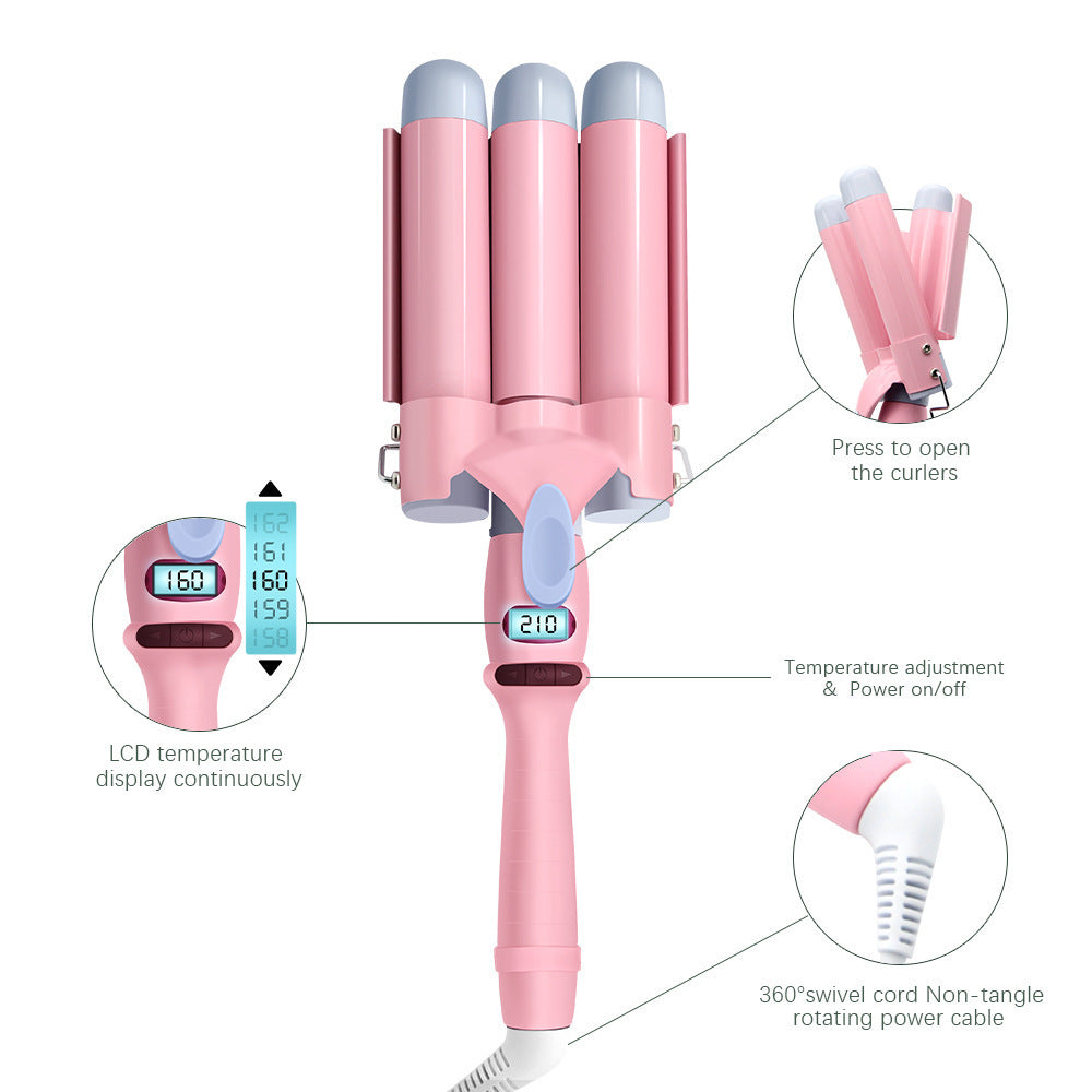 HKM-503315 Three-Tube Tourmaline Ceramic Curling Iron for Wet and Dry Hair - 21mm-30mm Diameter, Pink