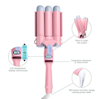 HKM-503315 Three-Tube Tourmaline Ceramic Curling Iron for Wet and Dry Hair - 21mm-30mm Diameter, Pink