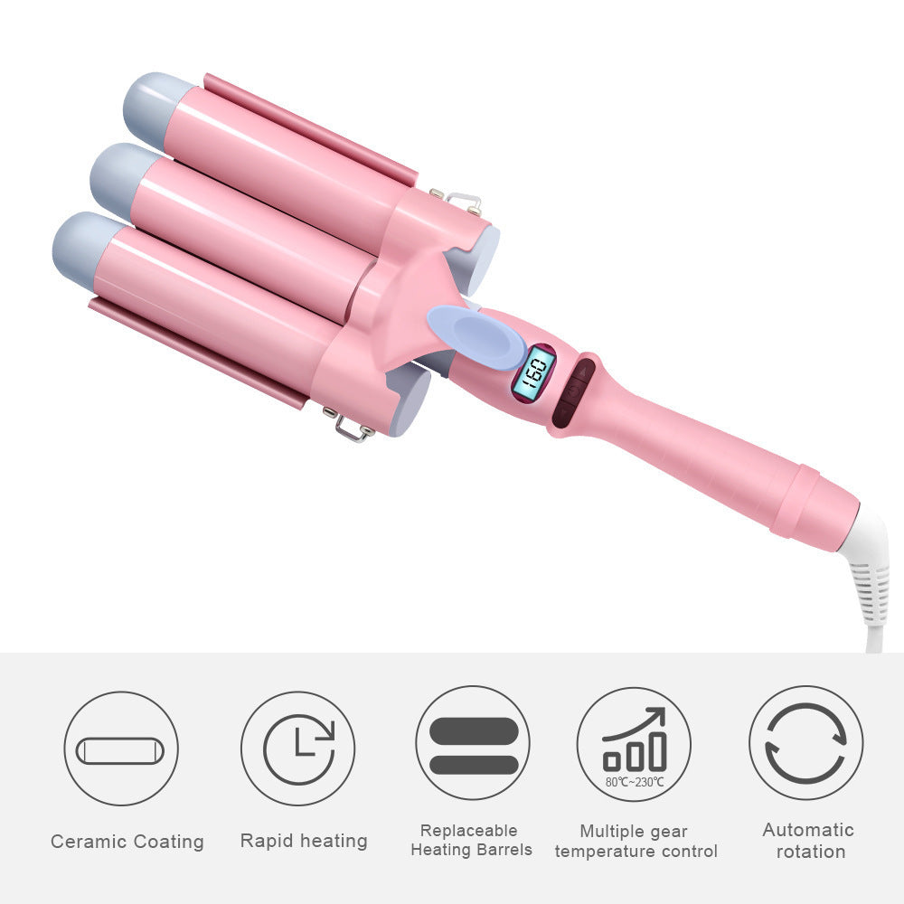 HKM-503315 Three-Tube Tourmaline Ceramic Curling Iron for Wet and Dry Hair - 21mm-30mm Diameter, Pink