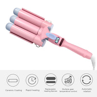 HKM-503315 Three-Tube Tourmaline Ceramic Curling Iron for Wet and Dry Hair - 21mm-30mm Diameter, Pink