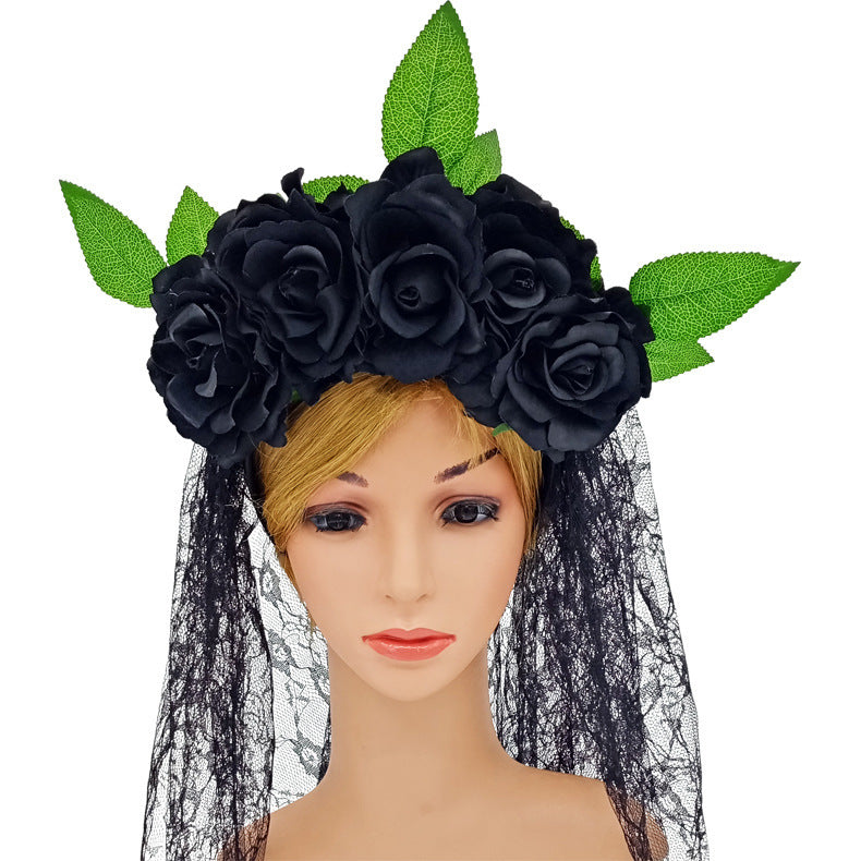 HKM-506707 Artificial Rose Flower Headband with Lace Veil