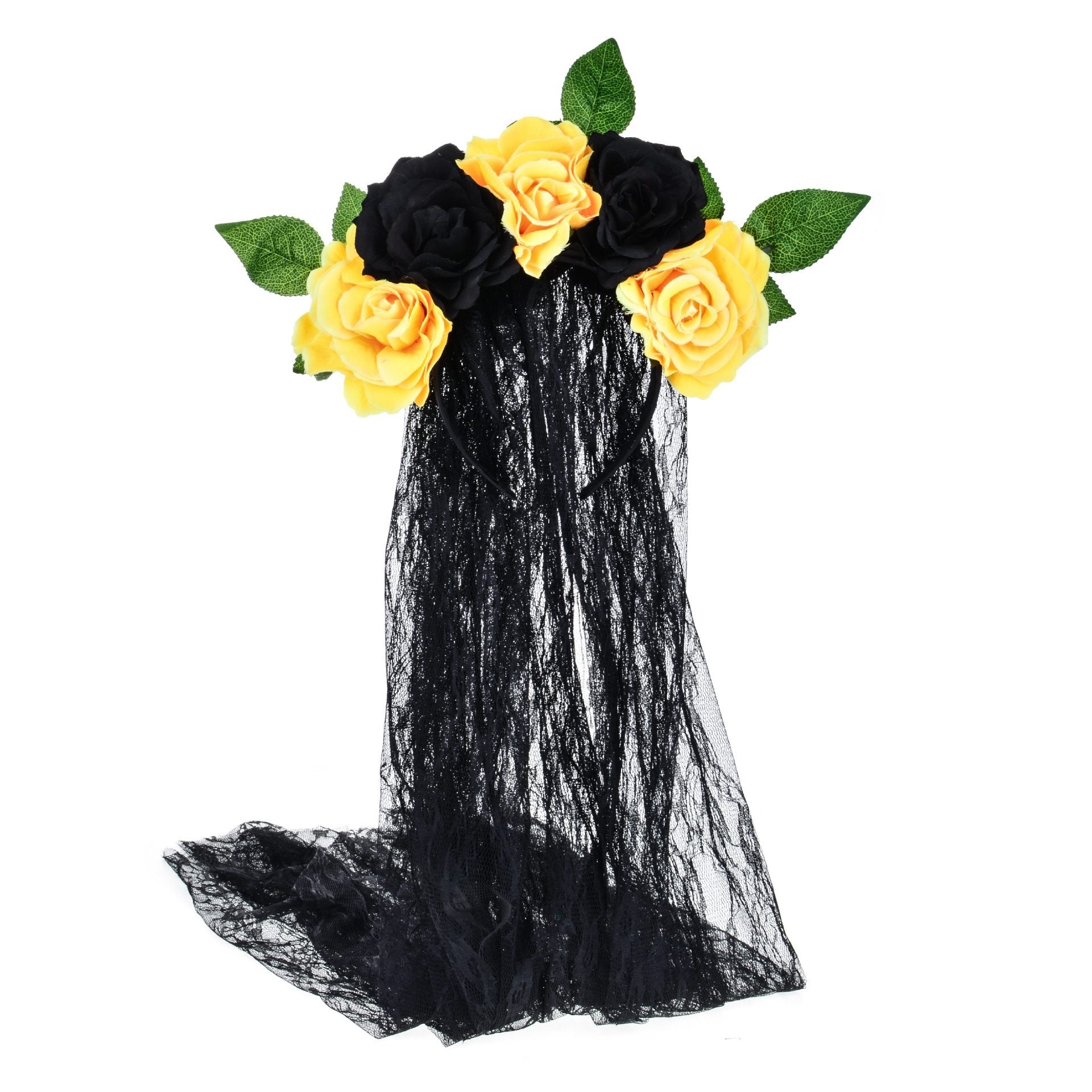 HKM-506707 Artificial Rose Flower Headband with Lace Veil