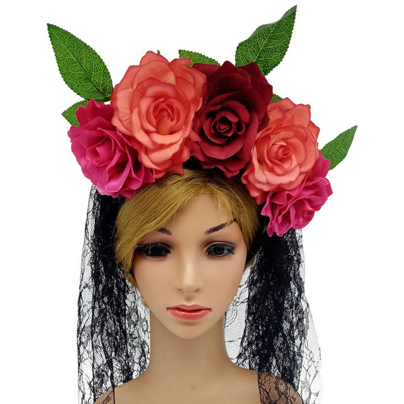 HKM-506707 Artificial Rose Flower Headband with Lace Veil