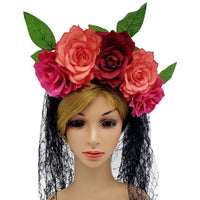 HKM-506707 Artificial Rose Flower Headband with Lace Veil