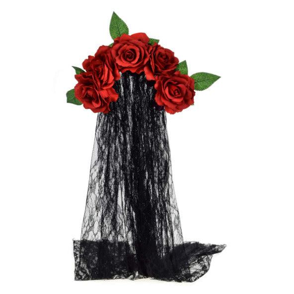 HKM-506707 Artificial Rose Flower Headband with Lace Veil