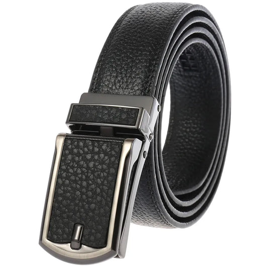 HKM-709203 Automatic Ratchet Leather Belt with Solid Buckle - 30mm Wide, Model LY33-32321-5