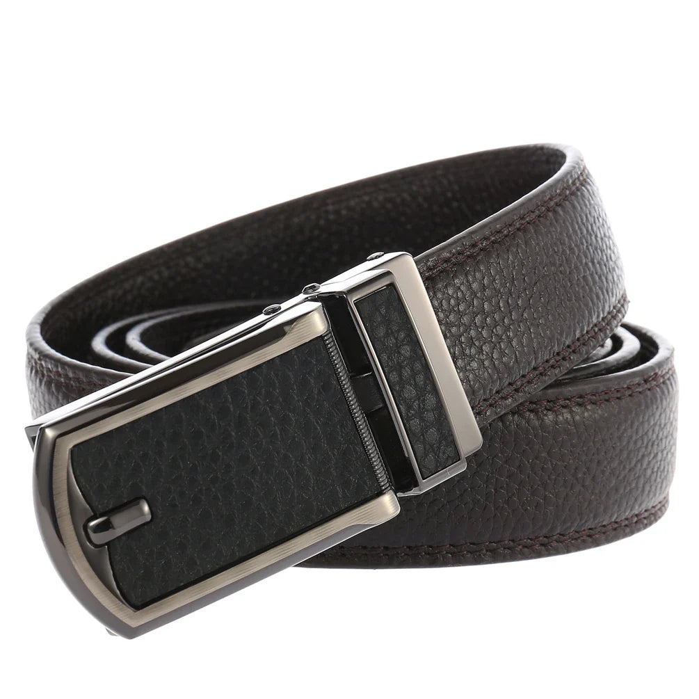 HKM-709203 Automatic Ratchet Leather Belt with Solid Buckle - 30mm Wide, Model LY33-32321-5