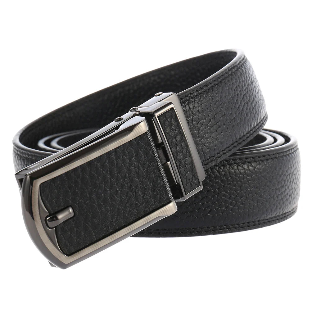 HKM-709203 Automatic Ratchet Leather Belt with Solid Buckle - 30mm Wide, Model LY33-32321-5