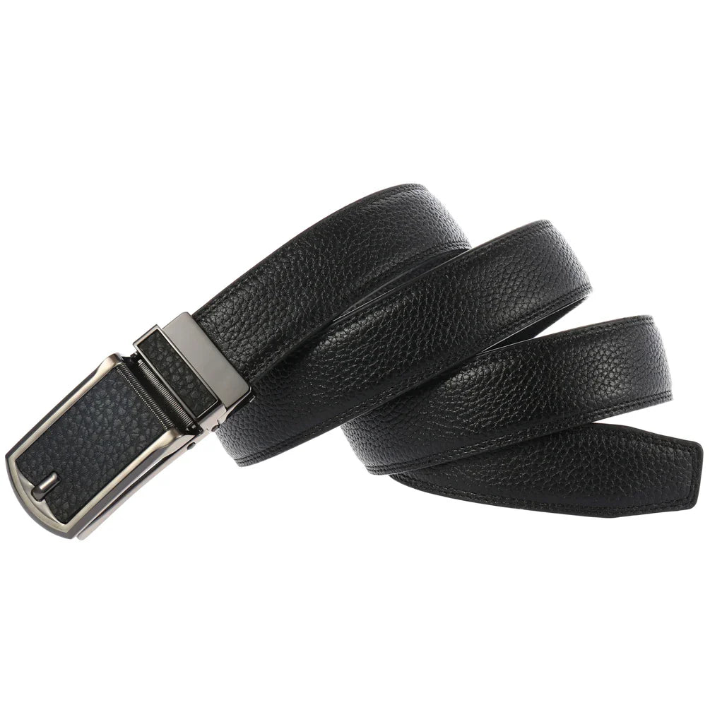 HKM-709203 Automatic Ratchet Leather Belt with Solid Buckle - 30mm Wide, Model LY33-32321-5