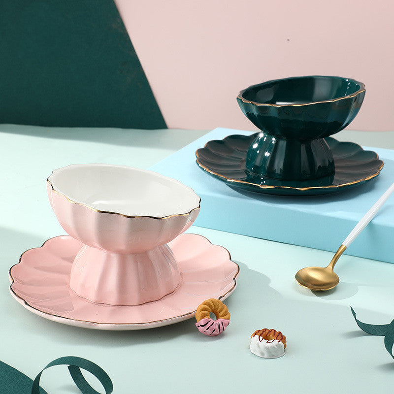 HKM-225875 Pink Bone Porcelain Cat Bowl with Dinner Plate - Indoor American Style Set