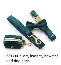 HKM-723859 Sapphire Green Velvet Pet Collar and Leash Set with Gold Buckle and Bowtie