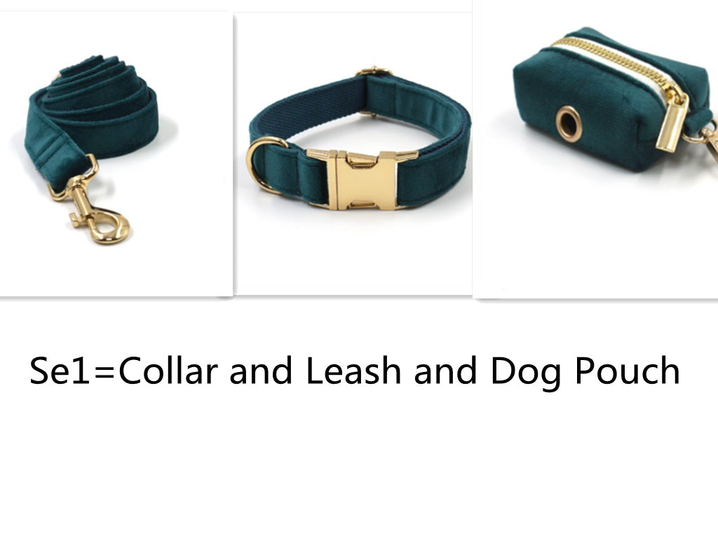 HKM-723859 Sapphire Green Velvet Pet Collar and Leash Set with Gold Buckle and Bowtie