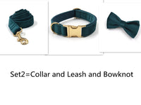 HKM-723859 Sapphire Green Velvet Pet Collar and Leash Set with Gold Buckle and Bowtie