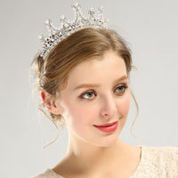 HKM-569939 Bridal Pearl and Rhinestone Crystal Tiara Crown - Elegant Headpiece for Weddings and Special Occasions